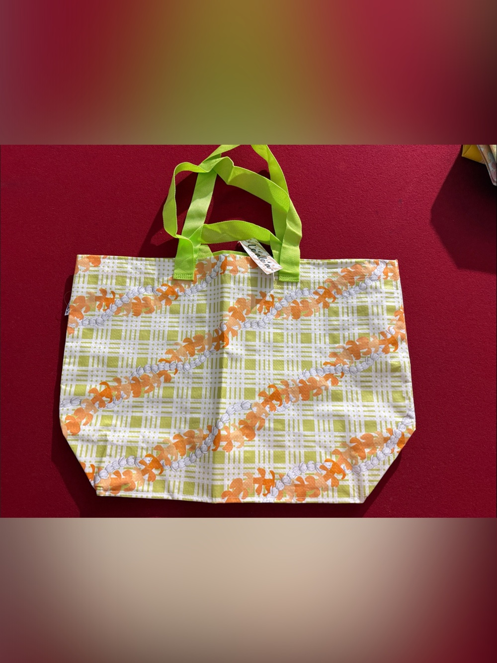 LE’ALE’A Large Puakenikeni Palaka Green & Orange Tote Bag NWT